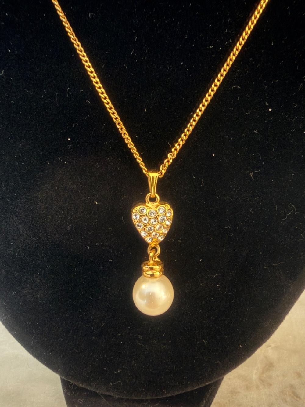Vintage 24K Gold Plated Rhinestone Pave Heart & Teardrop Pearl Bridal Drop Neckl